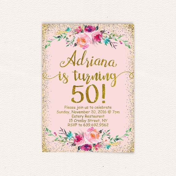 Floral 50th birthday party digital invitation pastel pink and