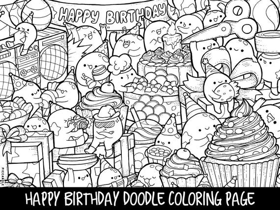 Happy Birthday Doodle Coloring Page Printable Cute/Kawaii