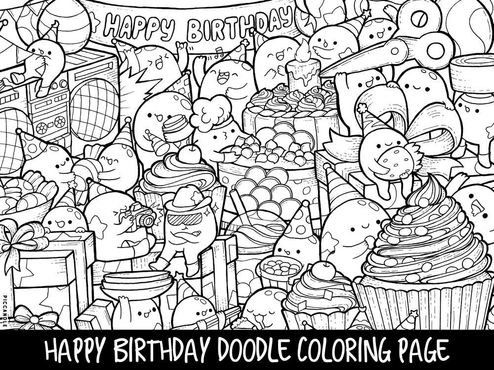 Happy Birthday Doodle Coloring Page Printable Cute/Kawaii