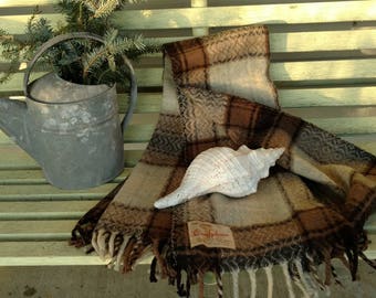 Nut Brown Plaid Wool Blanket By "Comfydown" - Vintage Brown Plaid Lap Robe, Stadium Blanket, Warm Wool Throw, Blanket For Couch + Decor