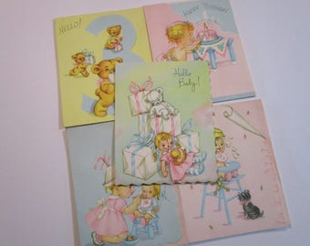 Vintage Greeting Card Lot-Ephemera-Mixed Media-Paper-Crafts-Scrap Booking-Baby-Childrens-Cooper-Set of 5-Baby-UNUSED
