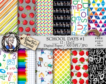 School Days Digital Paper, Alphabet, Numbers, backgrounds, chalk textures, Scrapbooking Printable, photography, geometric rainbow patterns