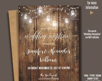Printable Wedding Reception Invitation, Rustic Wedding Reception, Barn wedding Templates, Instant Download Self-Editable PDF A234