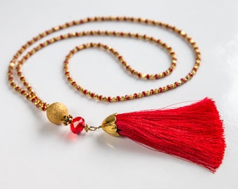 Red Tassel Necklace, Luxurious Necklace, Bead Necklace, Glass Necklace, Tassel Necklace, Gold Color Necklace