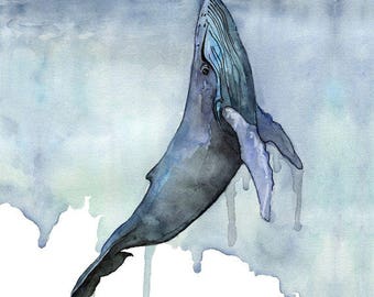 XLARGE Watercolor Whale Painting - Sizes 16x20 and up, "Fathoms Below", Whale Nursery, Whale Art, Whale Print, Humpback Whale, Beach Decor