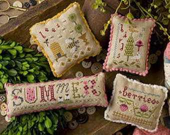 LIZZIE*KATE Summer Smalls counted cross stitch patterns INCLUDES embellishments at thecottageneedle.com Easter bee hive May June berries
