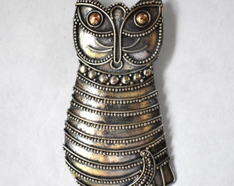 Hand Made Silver and Brass Wise Cat Pin - Unsigned - Stylized Feline
