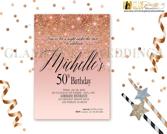 Rose Gold Glitter 50th Birthday Invitation Glam Gold Faux