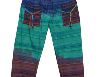 Womens Indian Yoga Pant Colorful Stripes Print Cotton Cuffed Boho Lounge Baggy Trouser