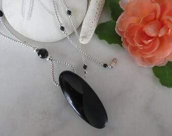 Black Onyx Necklace, Sterling Silver Necklace, Onyx Necklace, Faceted Onyx Necklace, Silver Necklace, Long Silver Necklace, Black Y-Necklace
