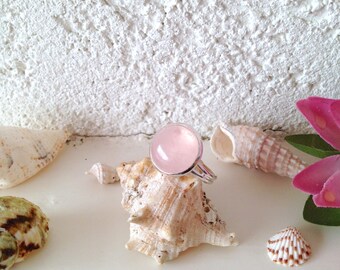 Ring Bohemian stone rose quartz, adjustable silver plated brass