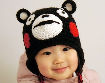 Kumamon Hat, Black Bear Hat, Crochet Baby Hat, Baby Hat, Animal Hat, Grey, photo prop, Inspired by Kumamon
