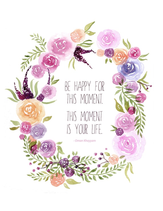 Floral Wreath WATERCOLOR ART QUOTE Happiness Mindfulness