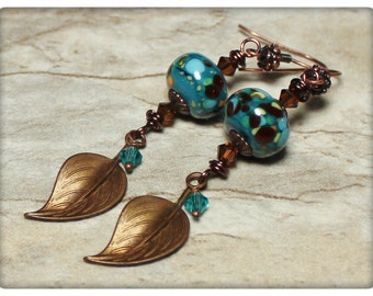 French Tarragon... Handmade Jewelry Earrings Beaded Lampwork Glass Crystal Antique Bronze Copper Teal Blue Green Boho Lightweight Leaves