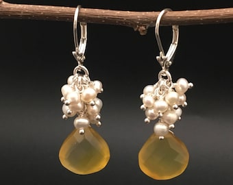 Yellow Chalcedony Cluster Earrings, pearl cluster earrings, sterling Silver, earrings under 100