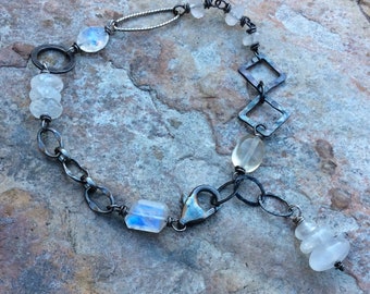MOONSTONE bracelet asymmetrical, sterling silver, white gemstone jewelry, Angry Hair Jewelry, handmade, artisan