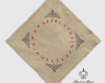 Embroidered rune cloth. Raven. Rune casting cloth. Elder Futhark. Celtic style. Divination rune cloth. Witchcraft. Asatru. Odinism. Galdor