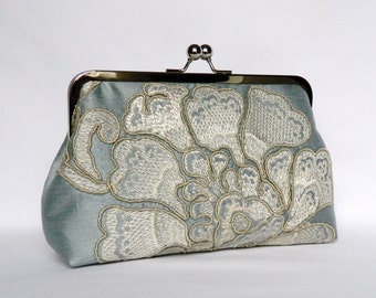 Ice Blue Clutch, Bridal Silk Clutch, Embroidered Silk Clutch, Wedding Clutch, Silk Evening Clutch, Floral Silk Clutch, UK