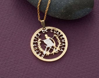 Guatemala Coin Pendant and Necklace, Guatemala 25 Centavos Coin Hand Cut, 14 Karat Gold and Rhodium Plated, 1 1/8" in Diameter, ( # 864 )