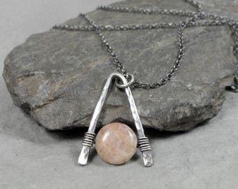 Sunstone Necklace, Good Fortune Stone Pendant, Sacral Chakra, Hammered Wire Necklace, Copper Jewelry, Silver Sunstone Jewelry, Yoga Gift
