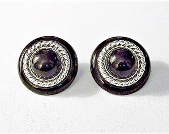 Black Twisted Rope Pierced Post Stud Earrings Silver Tone Vintage Accent Twisted Rope Thin Rings Large Buttons