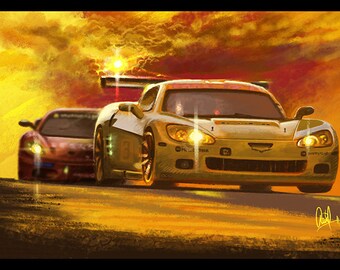 Art automobile : Corvette jaune 8 x 12 impression métallisé