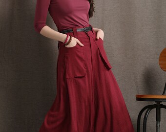 Wide leg pants, red linen culottes, baggy trousers, womens pants, maxi trousers, long pants, skirt pants, culottes with big pockets C410