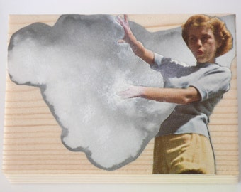 Cloud Collage Art, Surreal Collage, Smoke Collage, Retro Collage Art, Mid Century Collage, Cut + Paste Collage, Original Collage, ACEO Block