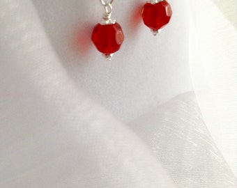 SOLD ~ Fab Faceted Red Glass and Silver Dangle Earrings