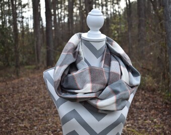 Pink&Gray Plaid Flannel Infinity Scarf, Plaid Flannel Infinity Scarf, Flannel Scarf