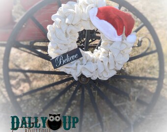 Burlap Wreath - Santa Wreath, Believe Wreath, Santa Hat Wreath, Christmas Burlap Wreath, Holiday Wreath, Merry Christmas Wreath, Wreath