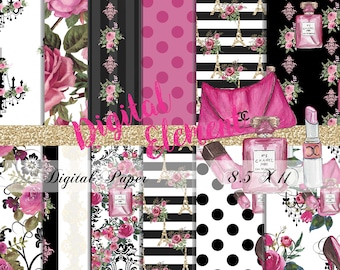 Digital Paper, Digital Scrapbook, Paris Digital Paper, Watercolor Fashion Paper, Pink and Black Digital Paper. No. P202