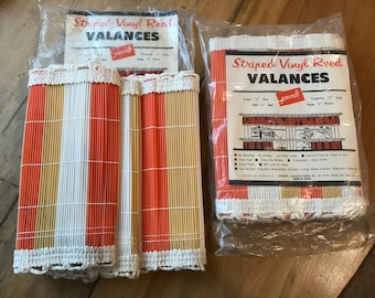 Pair of 1960's Jencraft Striped Vinyl Reed Valances-Tangerine & Gold 54" x 9"