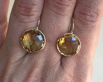 14k solid yellow gold and honey brown citrines large earrings, gemstone earrings