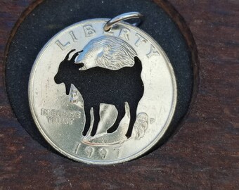 Goat pendant, goat necklace, animal pendant, billy goat pendant hand cut coin pendant