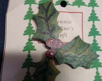 Holly and berries Christmas pin handpainted