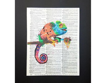 Colorful Gecko on Vintage Dictionary Page Art Print, Wall Decor, Digital Manipulation with Sparks of Glitter, Christmas Gift