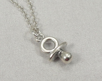 Tiny Pacifier Necklace, Silver Plated Baby Binky Pacifier Charm on a Silver Cable Chain