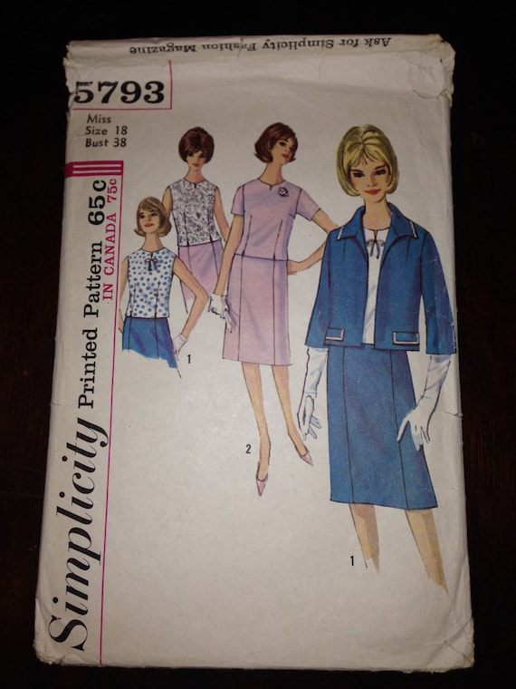 Vintage 60s Simplicity 5793 Sewing Pattern Misses and Womens Suit and Over Blouse Size 18