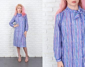 Vintage 70s 80s Striped Dress Purple Blue Shift Ascot Bow Large L 11050