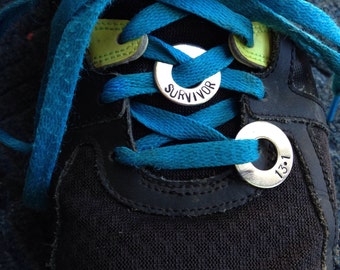 Shoe lace tag. 7/8" stainless steel washer. Survivor, marathon, half marathon, inspirational, sole sisters, emergency contact, or CUSTOM