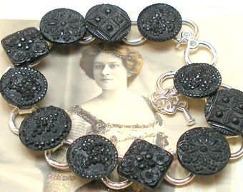 1800s Lacy BUTTON bracelet, Victorian black glass 7.5" silver bracelet. One of a kind jewellery.