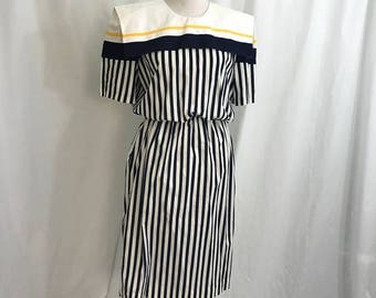 Vintage 80s Navy Striped Nautical Dress L
