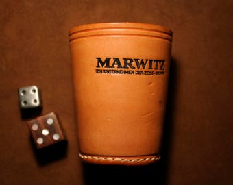 Leather dice cup, dice shaker, old dice cup with 2 pcs wood and metal dice, vintage dice cup