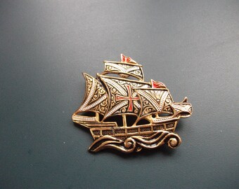 Vintage Damascene Clipper Ship Brooch Pin