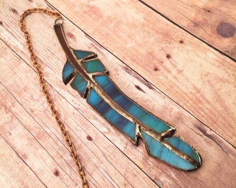 Stained glass feather/blue green swirl/window decoration/halloween/boho style/glass feather suncatcher/bohemian/gypsy gifts