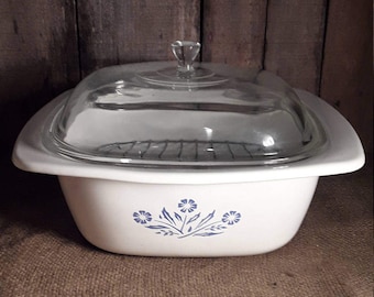 Corning Ware Dutch Oven 4 QT Casserole Lid Cornflower Blue White Glassware