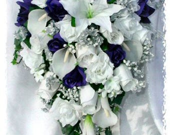 Blue & White Cascade Bridal Bouquet Silver Baby Breath Accents ~ Gorgeous Quality Real Touch Roses Calla Lilies Silk Wedding Flowers