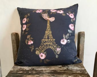Eiffel Tower Hand-painted Paris Pillow, Painted Pillow case, Flower Heart, Classic French Decor, Parisian Pillow,20x20,night sky pillow