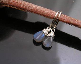 Labradorite Earrings, Hoop Earrings, Small Earrings with wire wrapped Labradorite, Labradorite Jewelry, Gemstone Earrings, E1960